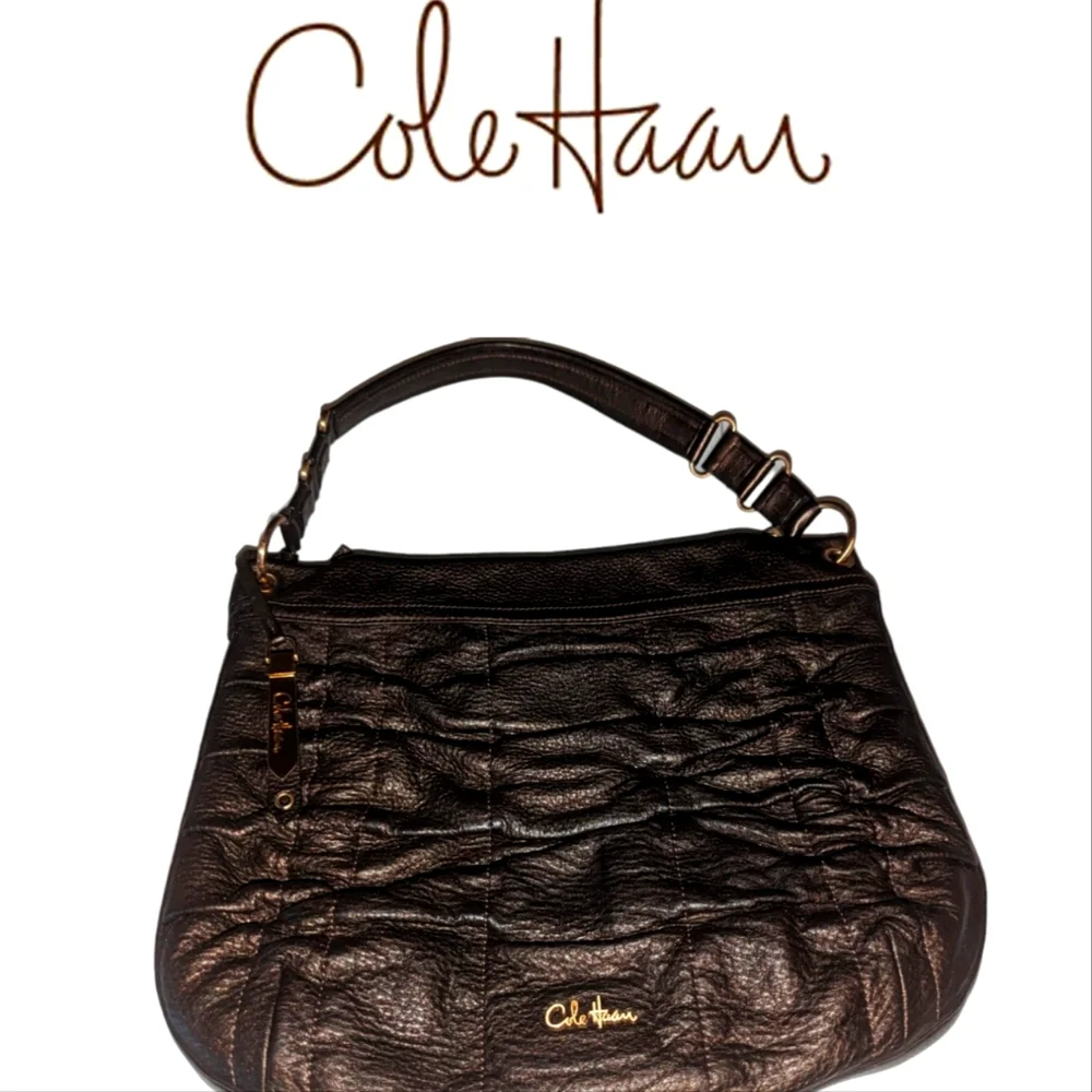 Cole Haan Bronze Brown Soft Pebbled Leather Ruched Shoulder Hobo Purse B…